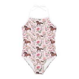 KiuLoam Pink Floral Horse Pattern Girls One-Piece Swimsuit Quick Dry Beach Swim Bathing Suit for 3-4 Years Little Girls