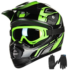 ILM Youth Kids ATV Motocross Helmet Goggles Sports Gloves Dirt Bike Motorcycle Off Road DOT Approved B07 (Youth-XL, Green/Silver)