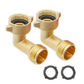 90-Degree Brass Garden Hose Elbow Connector (2-Pack) – 3/4" Heavy-Duty Hose Adapter with Extra Washers, Solid Brass Angled Fitting for RVs, Outdoor Faucets, Spigots & Lawn Irrigation