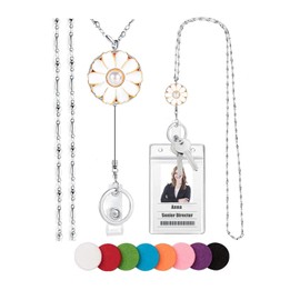 SAM & LORI Strong Retractable Pretty Lanyard Necklace for ID Badges Holder and Keys Stainless Steel Metal Lanyard Necklace Silver Chain with Badge Clip for Women Teachers Nurse (Daisy,White)