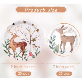 WRAPAHOLIC 50Pcs Christmas Paper Plates - 7 & 9 Inch Gold Foil Forest Reindeer Disposable Plates Decorative Dinner Dessert Plates for Christmas Party Tableware Supplies Table Decor