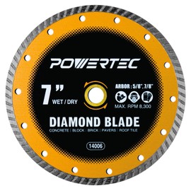 POWERTEC 7" Turbo Diamond Saw Blade for Wet Tile Saw, Diamond Blade for Cutting Concrete, Granite, Brick, Paver, Roofing Tile, 7 inch Diamond Blades for Wet/Dry Cutting, 1 Pack (14006)