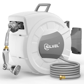 SILVEL Retractable Garden Hose Reel, 1/2 in x 100 ft Wall Mounted Garden Hose Reel, with 10 Pattern Nozzle, Any Length Lock, Slow Return System, 180°Swivel Bracket
