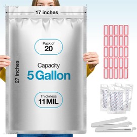 20 Pcs 5 Gallon Mylar Bags With Oxygen Absorbers - 11 Mil Thick - With Sticker Labels and Closure Clip - Smell Proof, Zipper Closure Heat Resealable Large Mylar Bags For Food Storage