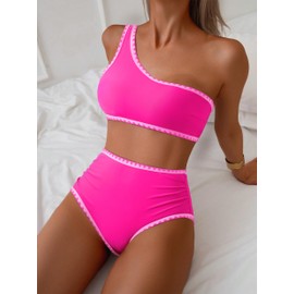 MOOSLOVER Women Whip Stitch Bikini Sets One Shoulder High Waisted 2 Piece Swimsuit Summer Beach Swim Bathing Suits(XL,Rose Pink)