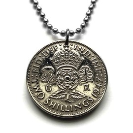 1947 United Kingdom 2 Shillings coin pendant English Tudor rose Scottish thistle Irish shamrock Welsh leek England London Scotland Edinburgh Wales Cardiff Northern Ireland Belfast Manchester n001986