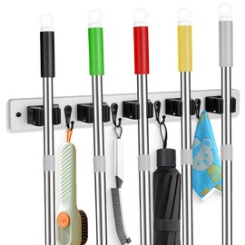 Broom Holder Wall Mount With 5 Slots & 4 Hooks，Rustic Wood Broom & Mop Hanger，Wall Mounted Garden & Garage Tool Storage Organizer Rack for Closet Laundry Room or Kitchen Wall Decor White