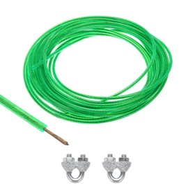 TOP-VIGOR 2.5mm Vinyl Coated Wire Rope, 6m / 20ft Galvanized Steel Cable Wire Rope Cable Grip with 2Pcs M3 U Bolt Saddle Cable Clip Clamps for String Light Hanging, Deck Railing, Garden Wire, Green