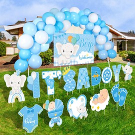 Hollowfly 15 Pcs Its a Boy Yard Sign Gender Reveal Decorations Welcome Baby Shower Yard Sign with Stakes Large Letters Elephant Lawn Sign Blue Balloons for Outdoor Indoor Lawn Garden Home Party Sign