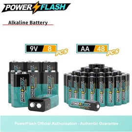 POWERFLASH 9V8pcs+AA48pcs Batteries, 10-Year Shelf Life, Leakproof Design Batteries for Various Household Devices, Outdoor, Electronic Devices and Facilities