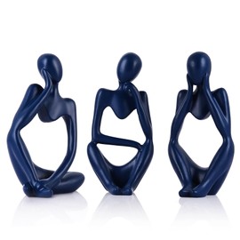 XIYOUQI Navy Blue Thinker Statue Set of 3 - Navy Blue Decor for Table, TV Stand, Shelf, Desk - Resin Figurines for Living Room, Minimalist Bookcase Decorative, Modern Sculpture, Home Accents