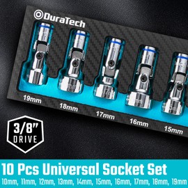 DURATECH 3/8" Drive Universal Joint Socket Set, Swivel Socket Set, 10-Piece, Metric, Size Covers 10-19mm, CR-V Steel, Organized in EVA Foam Organizer