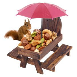 Creechwa Squirrel Feeder, Wooden Squirrel Picnic Table, Outdoor Bird Squirrel Feeding Station with Umbrella and Corn Cob Holder for Garden Trees Forest House