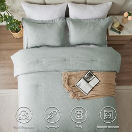 CozyLux Queen Size Comforter Set - 3 Pieces Sage Green Soft Luxury Cationic Dyeing Bedding Comforter for All Season, Breathable Lightweight Fluffy Boho Bed Sets with 1 Comforter and 2 Pillow Shams