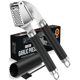 ORBLUE Garlic Press [Premium] Stainless Steel Mincer, Chopper & Peeler Set - Professional Quality, Easy to Clean, Dishwasher Safe & Rustproof, Black