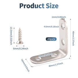 20 Pcs L Corner Bracket, Stainless Steel L Brackets for Shelves, 90 Degree Angle L Shaped Bracket,Heavy Duty Corner Brace Joint Angle Bracket Shelf Bracket with Screws