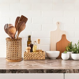 Xylarnoveth Boho Utensil Holder - Handwoven Rattan Utensil Holder for Kitchen and Countertop | Natural Woven Organizer for Rustic Kitchen Decor, Boho Basket for Cooking Tools and Tabletop Storage