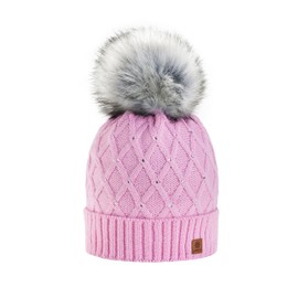 morefaz Worm Winter Knitted Hat Women's Crystal Pebble With Large Fur Pom Pom I SKI (MFAZ Ltd) - Pink