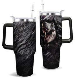 XAIVEZL Dinosaur Mug 40 oz Tumbler with Handle and Straw Lid Leak Proof - 40 Ounce Tumbler for Jurassic Dino Dinosaur Birthday Decorations Party Supplies Stainless Steel Cup