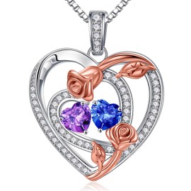 Iefil February Birthstone Necklace for Women - Amethyst Sapphire February September Birthstone Rose 925 Sterling Silver Necklace, Silver Jewelry Gifts for Women Wife Mom