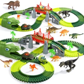 EagleStone Dinosaur Racing Track Set - 225 Pieces Flexible Race Track, 1 Electric Dino Car with Light, 8 Dino Figures, Dino Tunnel Head, Christmas Birthday Gift for Children from 3 to 8 Years