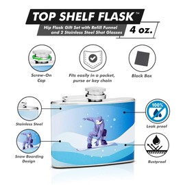 Hip Flask Holding 4 oz - Snow Boarding Design - Pocket Size, Stainless Steel, Leak Proof, Screw-On Cap - Sky Blue, White, Iris and Blue Wrapped Vinyl Finish - Black Gift Box Included