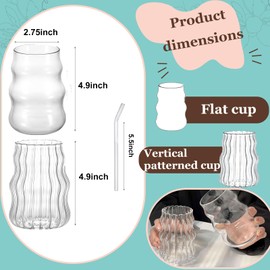 2 Pcs Ribbed Glass Cups, 18 oz Vintage Wavy Iced Coffee Cup Glass