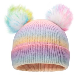 BUTITNOW Kids Girls Boys Multi-Color Ear Double Pom Pom Beanie Hat Winter Warm Rib Knitt Ski Hats (Age 7-15)