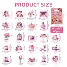 46PCS Pink Stickers,Vintage Aesthetic Scrapbook Stickers,DIY Decoration Stickers Set for Travel Case, Laptop, Planners, Calendars, Scrapbook, Suitcase, Notebooks, Journal