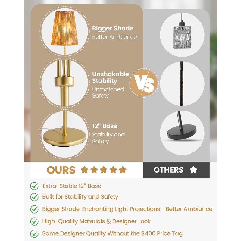 Boho Floor Lamp, 68in. Rattan floor lamp with Natural Woven