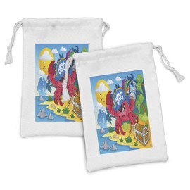 Lunarable Pirate Fabric Pouch Set of 2, Cartoon Crab with Eye Patch Pirate Hat Hook Pegleg Deserted Island Coast Jungle, Small Drawstring Bag for Toiletries Masks and Favors, 9" x 6", Multicolor