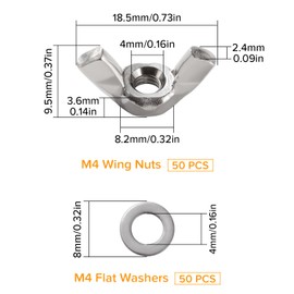 Lyeteung 50 Pieces M4 Wing Nut, Stainless Steel Wing Nut, Metric Wing Nut, with 50 Pieces Washers for DIY Tools, Electronic Devices Hardware