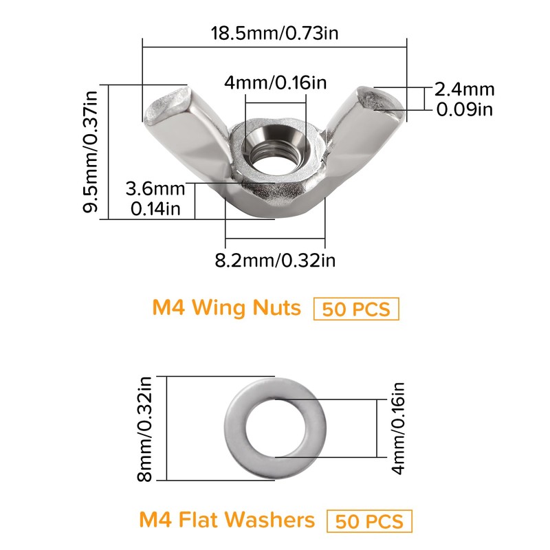 Lyeteung 50 Pieces M4 Wing Nut, Stainless Steel Wing Nut,