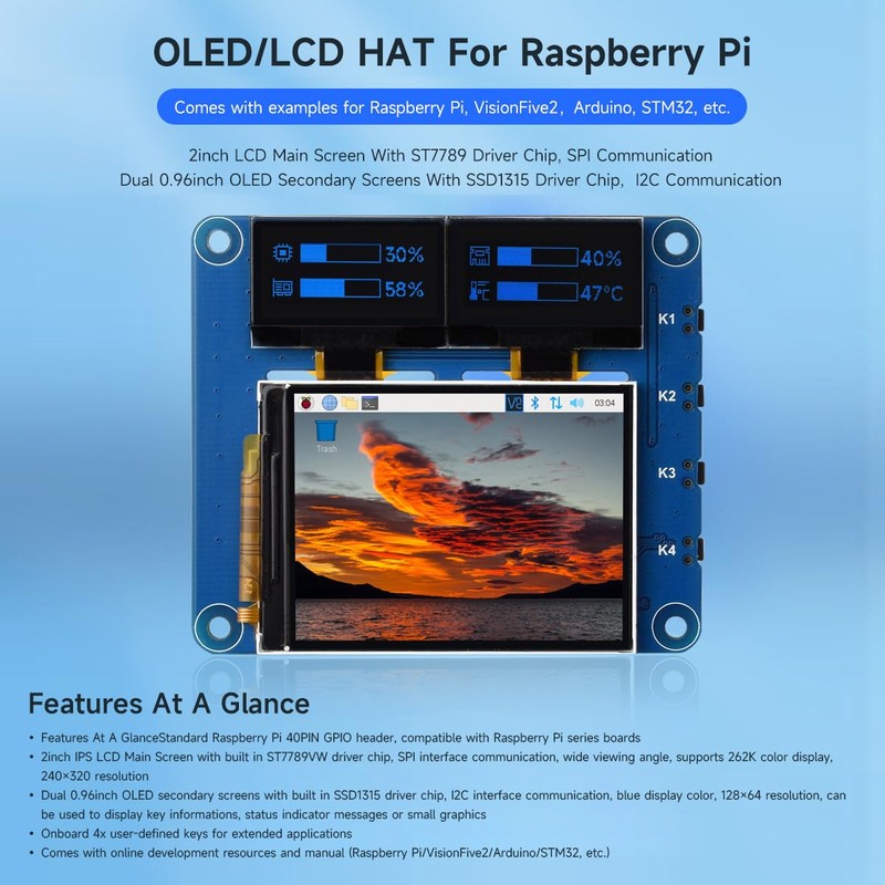 Waveshare OLED/LCD HAT, Onboard 2inch IPS LCD Main Screen and