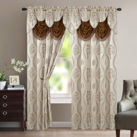 Luxury Home Textile Aurora Tree Leaf Jacquard Window Panel with Attached Valance, Premium Quality, Beautiful Tree Leaf Design, Vibrant Colors, 100% Polyester, 54x84 Inches Per Panel, 2-Pack (Beige)