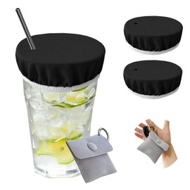 Drink Covers for Alcohol, Reusable Cup Cover with Straw Hole, Easy to Carry/Clean, Thoughtful Packing with Key Ring (Black)