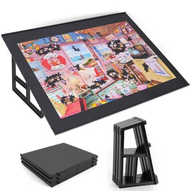 WELGEE DIY Tilting Puzzle Board with 6 Modular Panels & Stand, Lightweight Portable Puzzle Table for Adults & Seniors, Customizable Puzzle Accessory Only 3.5 lbs (Black)