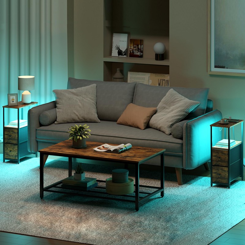 TUTOTAK Small Narrow LED End Table with Charging Station, Side