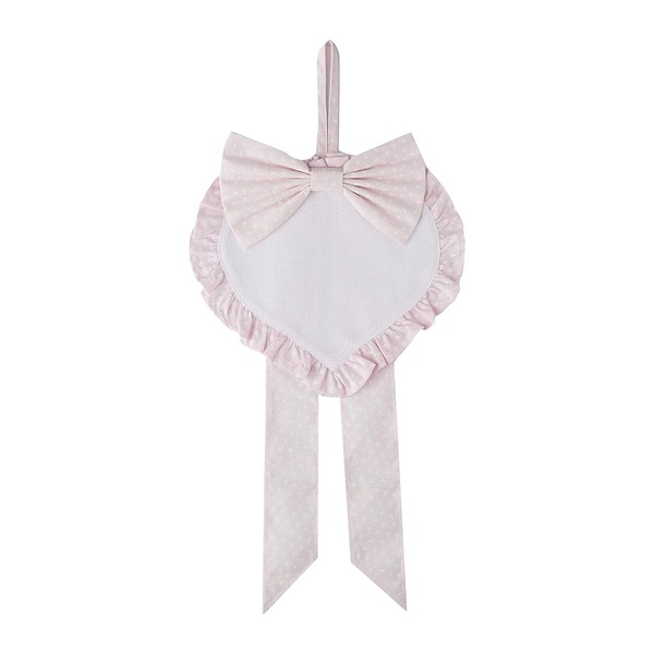 FILET - Baby Birth Bow in Heart Shape in Embroidered Aida Fabric, Made of Printed Cotton, Ideal for Hanging to Announce the Birth of a Girl, 100% Made in Italy, Pink