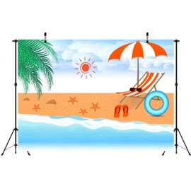 Loccor 8x6ft Fabric Summer Beach Backdrop Seashore Landscape Beach Umbrella and Chair Background Hawaiian Holiday Birthday Party Decorations Photo Props