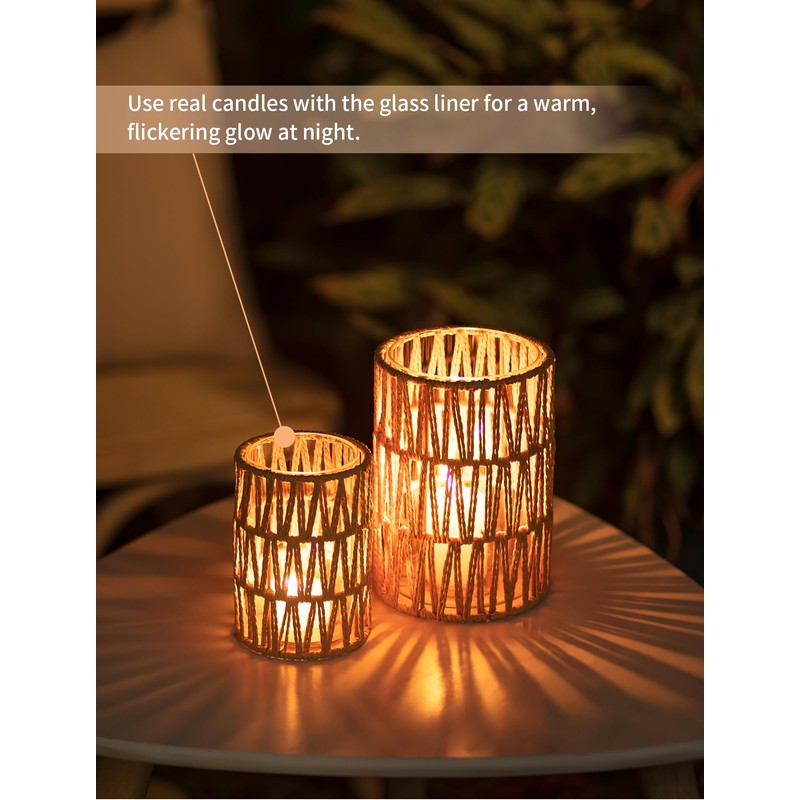 NUPTIO Rattan Boho Hurricane Lanterns: Set of 2 Pillar Candle