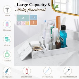 Luxspire Bathroom Counter Organizer, Marble Toothbrush Holder for Bathroom 6 Slot, Bathroom Vanity Organizer with Lid, Bathroom Organizer Countertop for Cotton Ball, Q-Tips, Floss, Gravel White