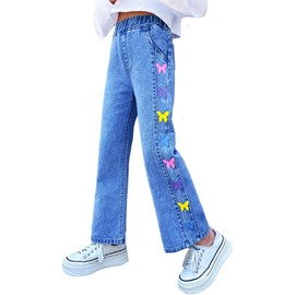 ToeJusty Little Girls' Wide Leg Jeans | Colorful Butterfly Print Denim Pants | Elastic Wasit Baggy Straight Jeans Kids Clothes 7-8 Years