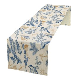 Chinoiserie Flowers Table Runner, Seasonal Spring Fall Plants Blue Florals Birds Dinner Runner for Home Kitchen Dining Table Party Holiday Decoration 13"x70"