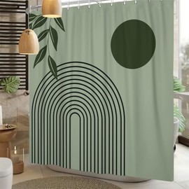 Xiaoterna Boho Shower Curtain Modern Abstract Art Green Leaves Sun Line Bathroom Curtain Rustic Spring Floral Sage Green Waterproof Machine Washable Fabric Shower Curtain with Hooks 120x180cm