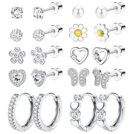 SAILIMUE 10 Pairs Hypoallergenic Screw Back Earrings for Women Girls Stainless Steel CZ Cute Colorful Butterfly Hoop Screwback Stud Earring Set