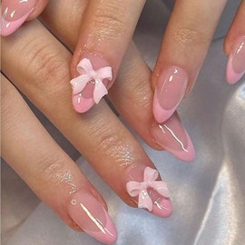 24Pcs Pink French Tip Press on Nails Short Almond Fake Nails with 3D Bow Nails Charm Design Glue on Nails French Nail Tips Stiletto Acrylic Nails Pink False Nails Cute Stick on Nails for Girl Manicure