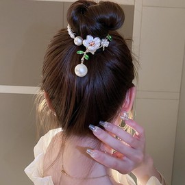 Jumwrit Pearl Rhinestone Ponytail Buckle Hair Clip Flower Branch Leaves Hair Barrette Strong Hold Gold Metal Bun Claw Clip Floral Cuff Hairpin Fashion Hair Styling Accessories for Women Girl(Style 2)