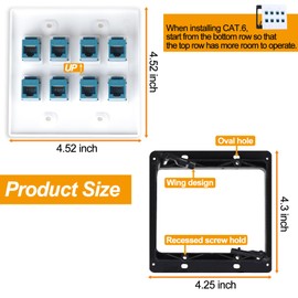 8Port Ethernet Wall Outlet Plate Cat6 Jack RJ45 Keystone Female to Female Network Cables Inline Coupler Wires Connector with 2Gang Low Voltage Mount Blue
