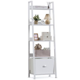 Furologee 5-Tier White Ladder Shelf, Ladder Bookshelf with Removable Drawer, Mordern Bookcase Storage Rack Organizer, Wood Metal Freestanding Storage Shelves for Living Room, Home Office, Bedroom